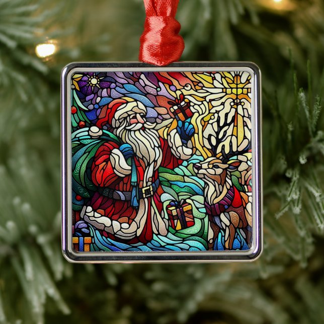 Majestic Stained Glass Santa and Reindeer Metal Tree Decoration (Tree)