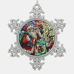Majestic Stained Glass Santa and Reindeer Snowflake Pewter Christmas Ornament