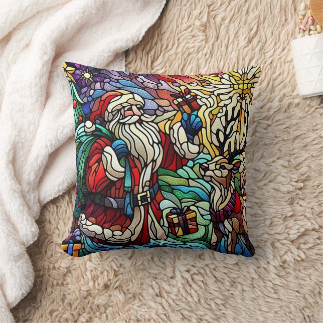 Majestic Stained Glass Santa and Reindeerts Cushion (Blanket)