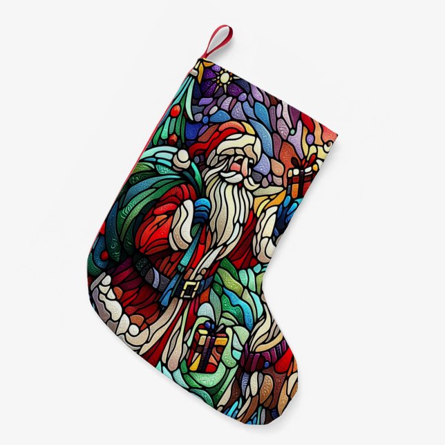 Majestic Stained Glass Santa and Reindeerts Small Christmas Stocking (Front (Hanging))
