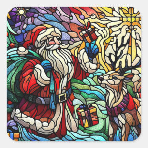Majestic Stained Glass Santa and Reindeerts Square Sticker