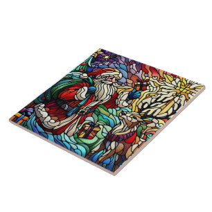 Majestic Stained Glass Santa and Reindeerts Tile