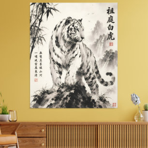 Majestic Standing White Tiger   Traditional Sumi-e Canvas Print