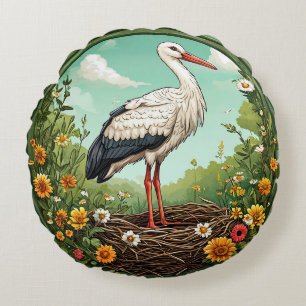 Majestic Stork Resting in a Colourful Spring Nest Round Cushion