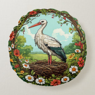 Majestic Stork Resting in a Colourful Spring Nest Round Cushion