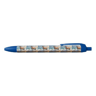 **"Majestic Stride: Proud Brown Horse on the Beach Blue Ink Pen
