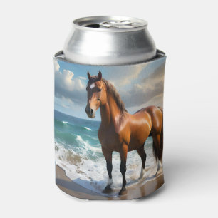 **"Majestic Stride: Proud Brown Horse on the Beach Can Cooler