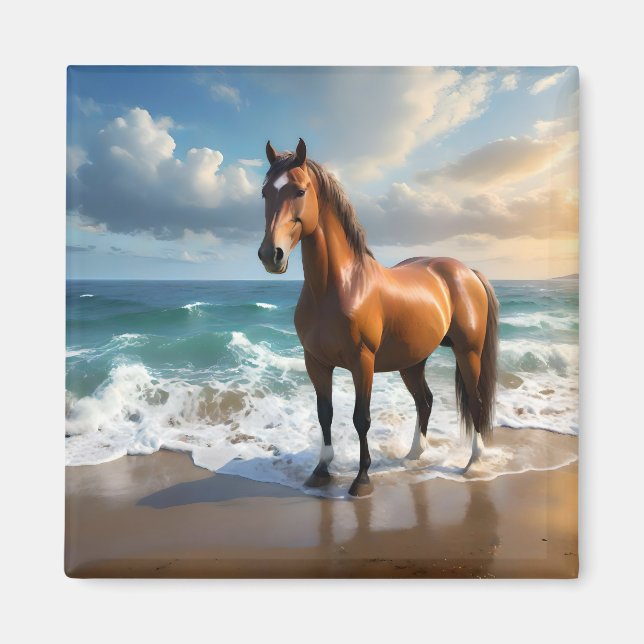 **"Majestic Stride: Proud Brown Horse on the Beach Magnet (Front)