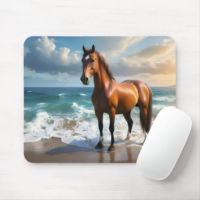 **"Majestic Stride: Proud Brown Horse on the Beach Mouse Mat (With Mouse)