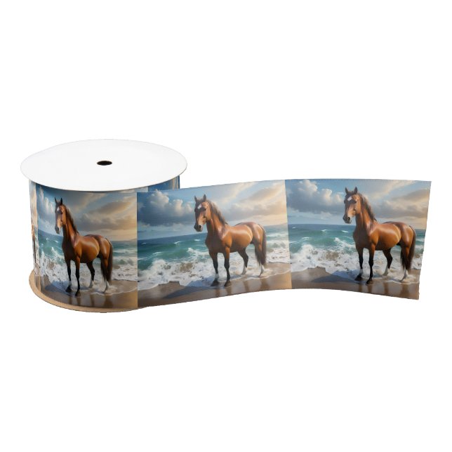**"Majestic Stride: Proud Brown Horse on the Beach Satin Ribbon (Spool)