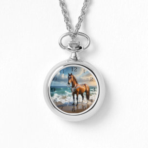 **"Majestic Stride: Proud Brown Horse on the Beach Watch