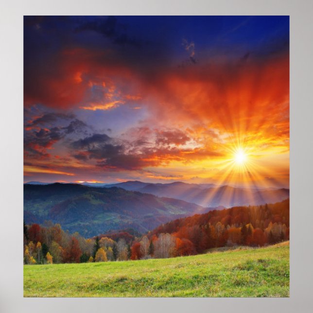 Majestic sunrise in the mountains landscape poster (Front)