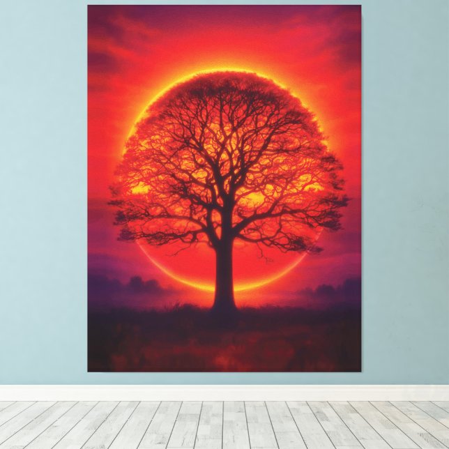 Majestic Sunset Tree Silhouette Fire Sky Canvas Print (Insitu(Wood Floor))