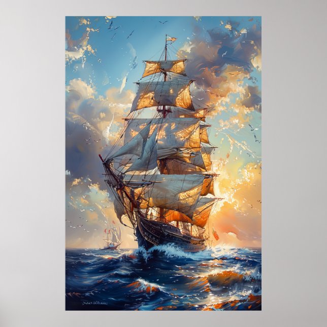 Majestic Tall Ship on the Sea Oil Painting Poster (Front)