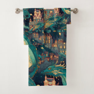 Majestic Teal Dragons and Village Bath Towel Set