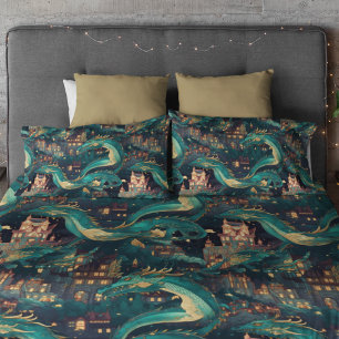 Majestic Teal Dragons and Village Pillowcase