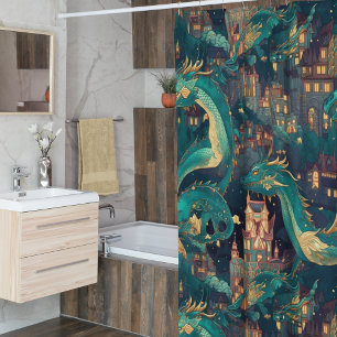 Majestic Teal Dragons and Village Shower Curtain