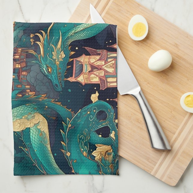 Majestic Teal Dragons and Village Tea Towel (Quarter Fold)