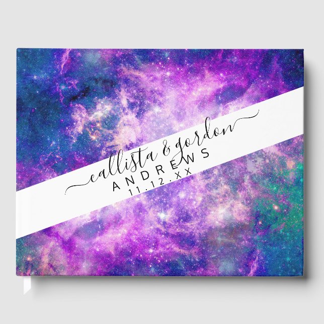 Majestic Teal Purple Starry Space Nebula Guest Book (Front)