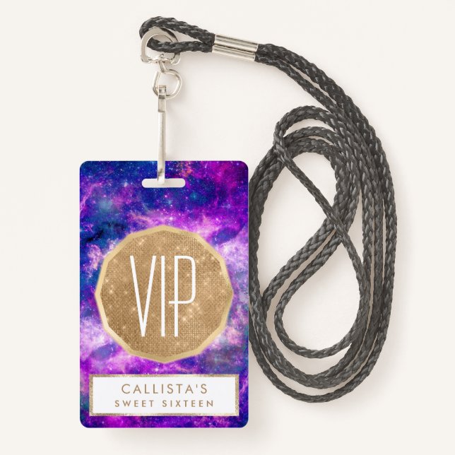 Majestic Teal Purple Starry Space Nebula ID Badge (Front with Lanyard)