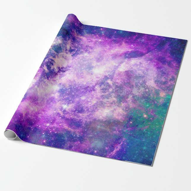 Majestic Teal Purple Starry Space Nebula Wrapping Paper (Unrolled)