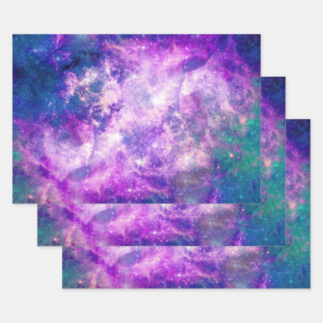 Majestic Teal Purple Starry Space Nebula Wrapping Paper Sheet (Set)