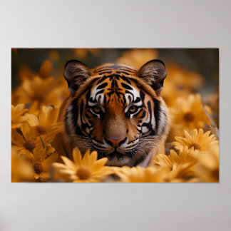Majestic Tiger Amid Golden Blooms AI-generated Poster