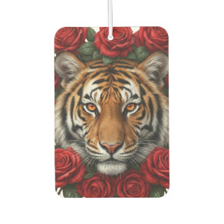Majestic Tiger Face Red Rose Floral Wreath Car Air Freshener