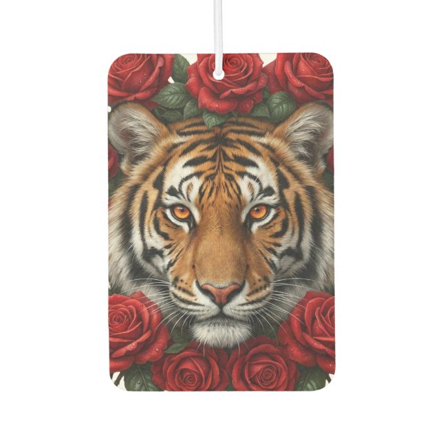 Majestic Tiger Face Red Rose Floral Wreath Car Air Freshener (Front)