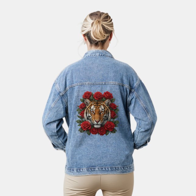 Majestic Tiger Face Red Rose Floral Wreath Denim Jacket (Model)