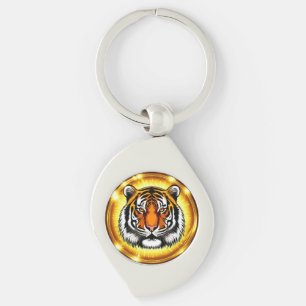 Majestic Tiger Head With Glowing Golden Lights Key Ring