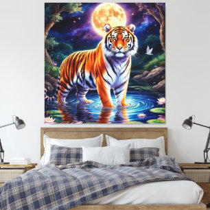 Majestic Tiger in a Moonlit Fantasy Landscape Canvas Print