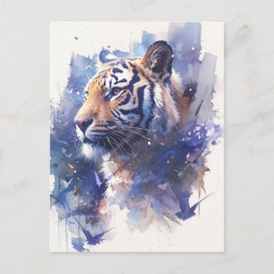 Majestic Tiger in Indigo Watercolor Postcard