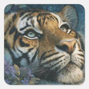 Majestic Tiger Peeking Through Purple Wildflower Square Sticker