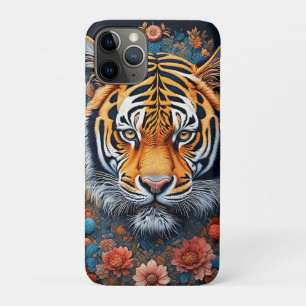 Majestic Tiger Portrait Surrounded by Flowers iPhone 11 Pro Case