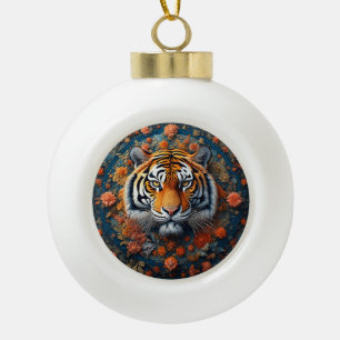 Majestic Tiger Portrait Surrounded by Flowers Ceramic Ball Christmas Ornament