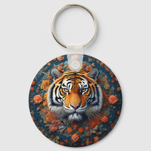 Majestic Tiger Portrait Surrounded by Flowers Key Ring