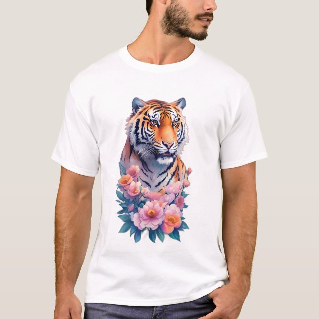 Majestic Tiger Portrait with Pink Peonies  T-Shirt (Front)