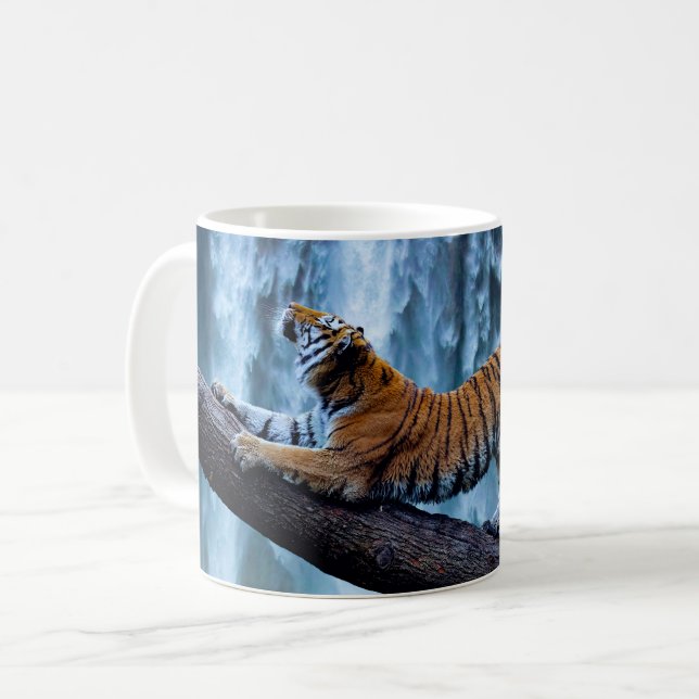 Majestic Tiger Relaxing at a Beautiful Waterfall Coffee Mug (Front Left)