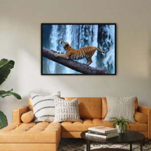 Majestic Tiger Relaxing at a Beautiful Waterfall Poster