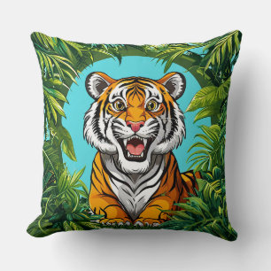Majestic Tiger Roaring in Vibrant Jungle Cushion