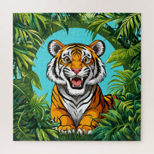 Majestic Tiger Roaring in Vibrant Jungle Jigsaw Puzzle