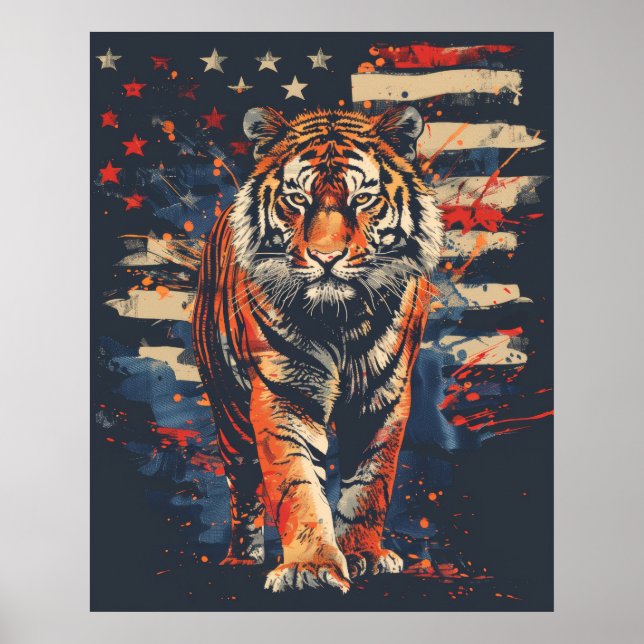 Majestic Tiger Standing Proudly by American Flag P Poster (Front)