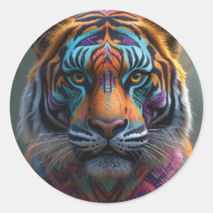Majestic Tiger with Vibrant Tribal Face Paint Classic Round Sticker