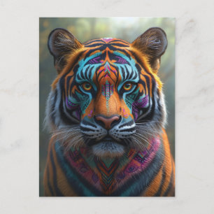 Majestic Tiger with Vibrant Tribal Face Paint Holiday Postcard
