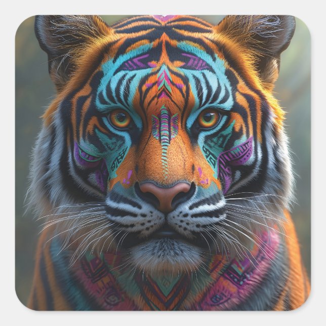 Majestic Tiger with Vibrant Tribal Face Paint Square Sticker (Front)