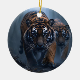 Majestic Tigers in a Foggy Jungle  Ceramic Tree Decoration