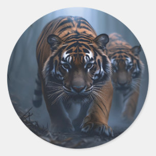 Majestic Tigers in a Foggy Jungle Classic Round Sticker