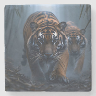 Majestic Tigers in a Foggy Jungle Stone Coaster