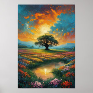 Majestic Tree in the Field of Flowers Poster